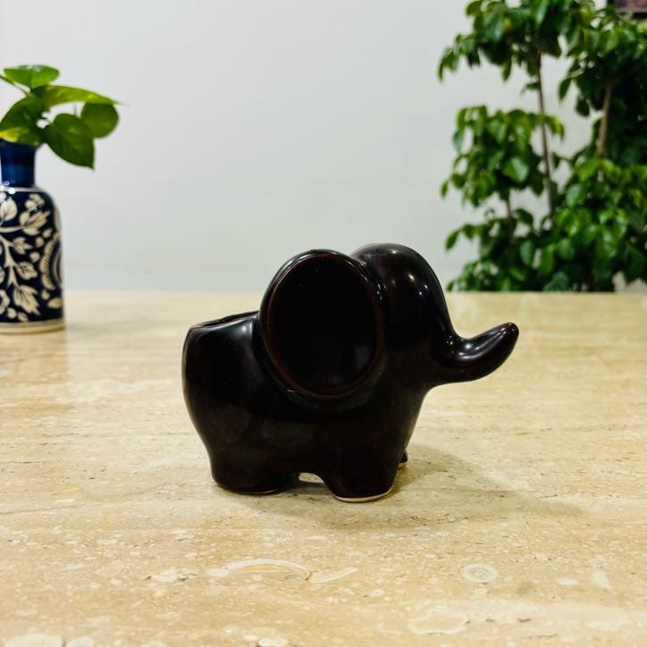 4 Inch Cute Designer Brown Textured elephant Shaped Ceramic Pot - Minimalist Glossy Succulent Pot, Indoor Flower Pot for Home and Office Décor