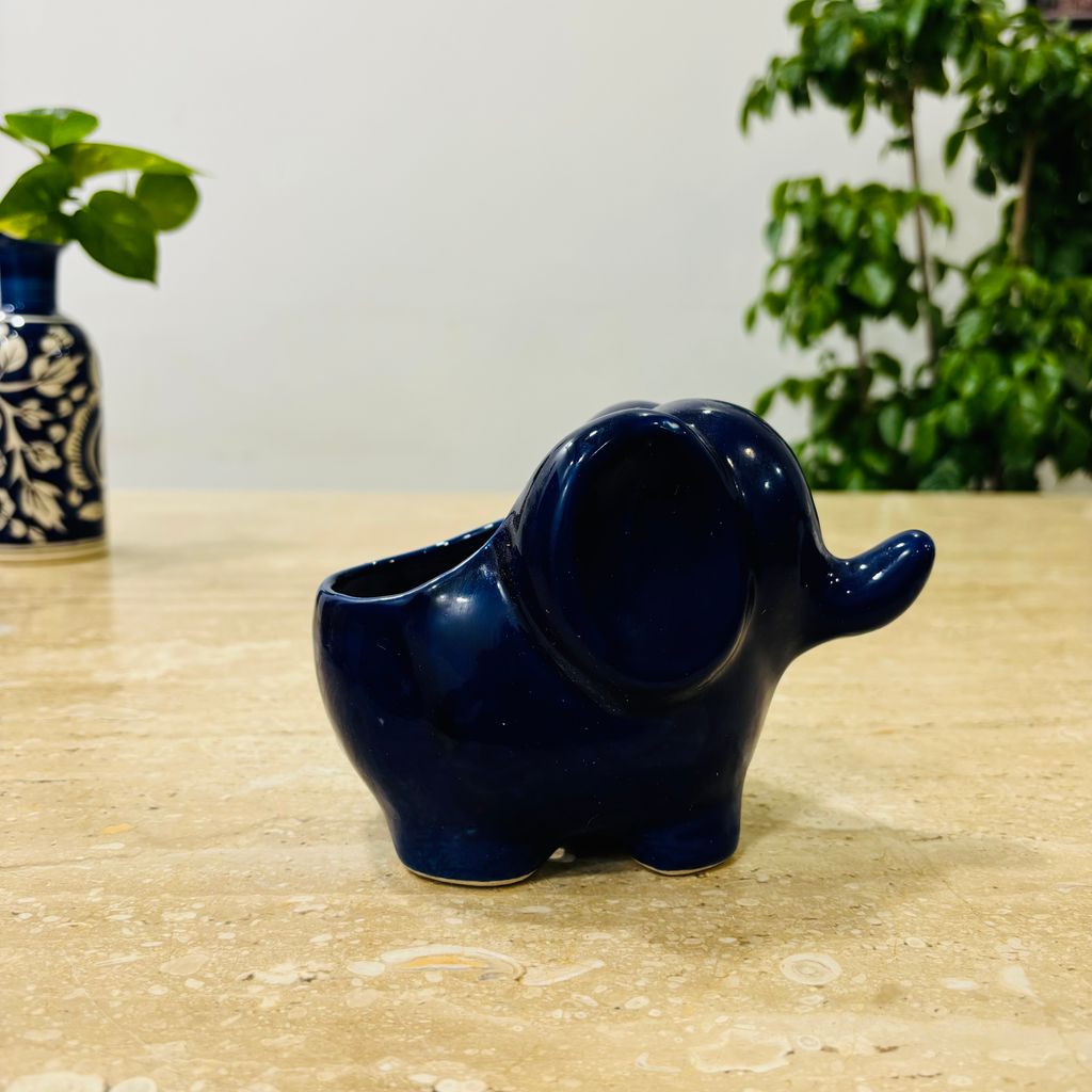 4 Inch Cute Designer Blue Textured elephant Shaped Ceramic Pot - Minimalist Glossy Succulent Pot, Indoor Flower Pot for Home and Office Décor