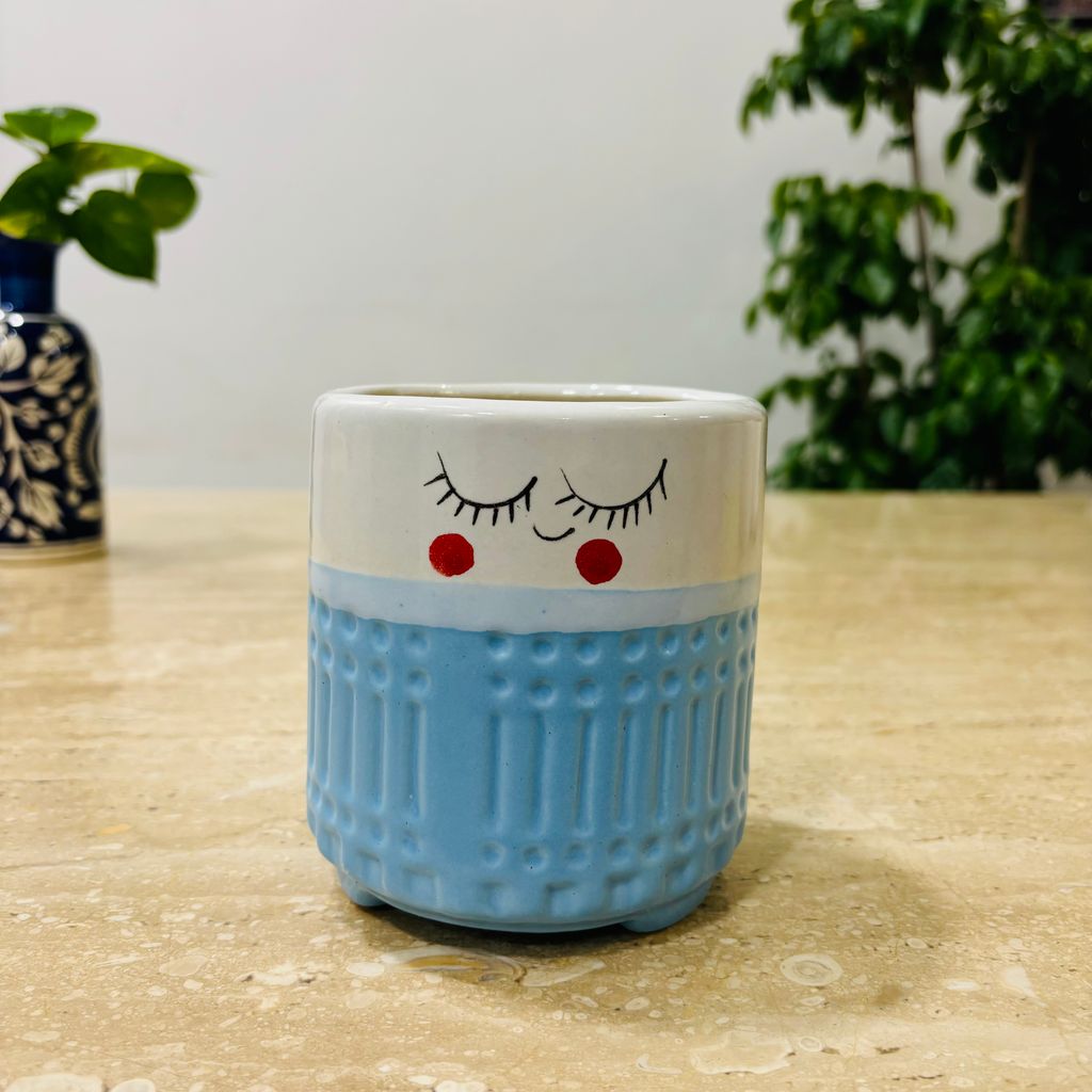 4 Inch Blue Cute Designer Smiley Faces Aesthetic Ceramic Pot - Minimalist Glossy Succulent Pot, Indoor Flower Pot for Home and Office Décor