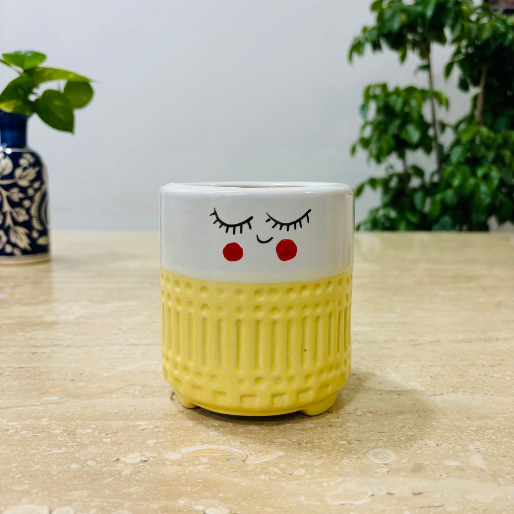 4 Inch Yellow Cute Designer Smiley Faces Aesthetic Ceramic Pot - Minimalist Glossy Succulent Pot, Indoor Flower Pot for Home and Office Décor