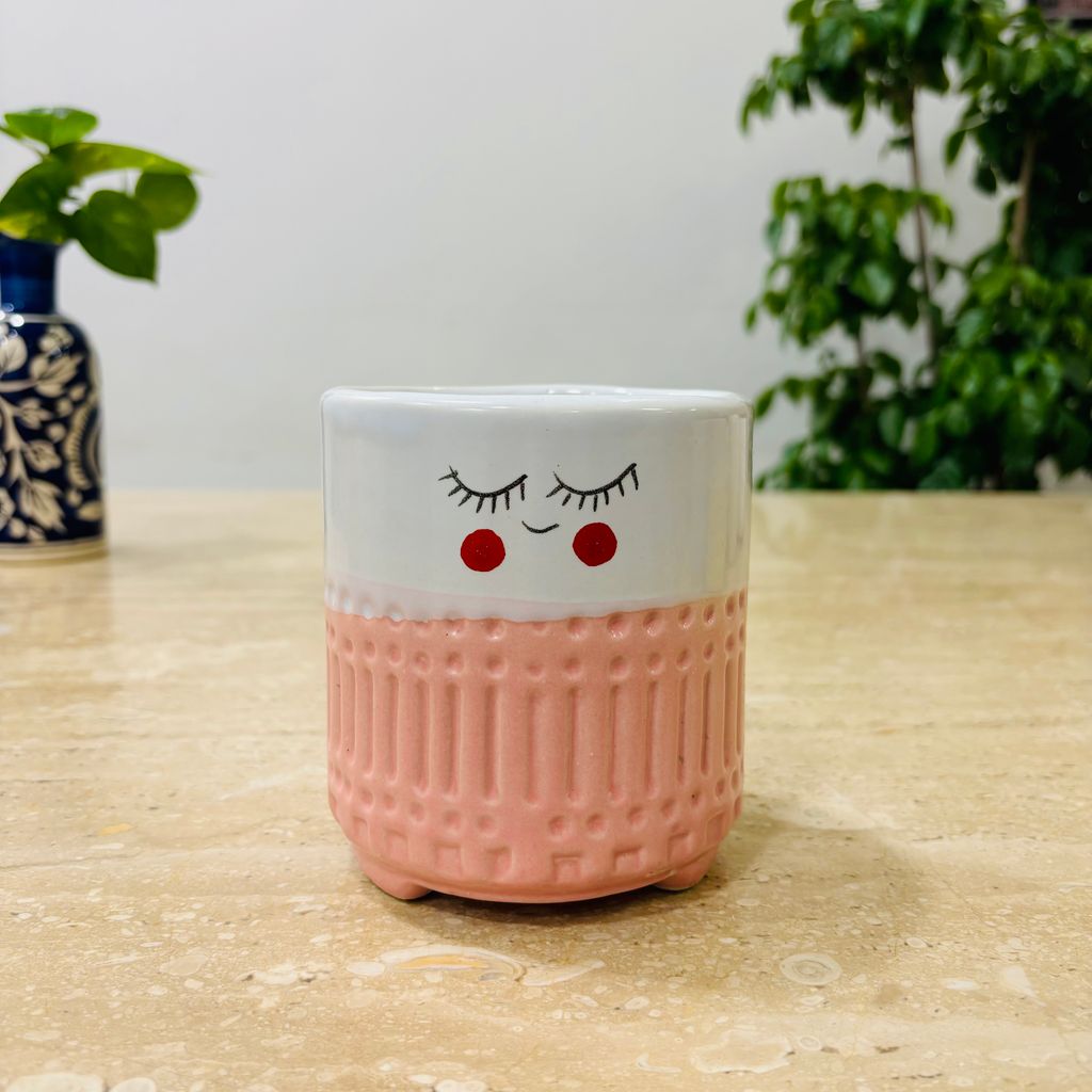 4 Inch Pink Cute Designer Smiley Faces Aesthetic Ceramic Pot - Minimalist Glossy Succulent Pot, Indoor Flower Pot for Home and Office Décor