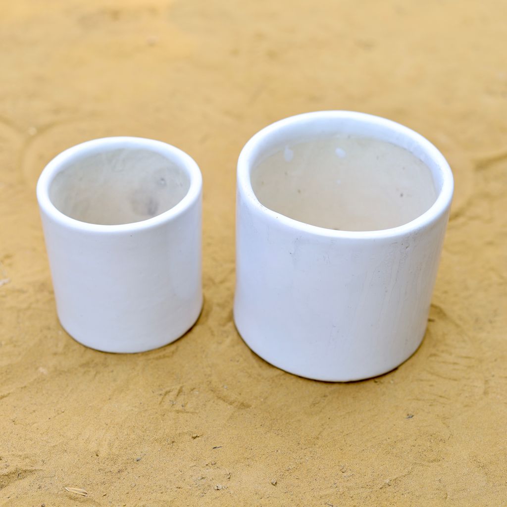 Set of 2 - (3 & 4) Inch White Minimalist Cylindrical Ceramic Pot,Pots:Ceramic Planters:Royal Ceramic Pots