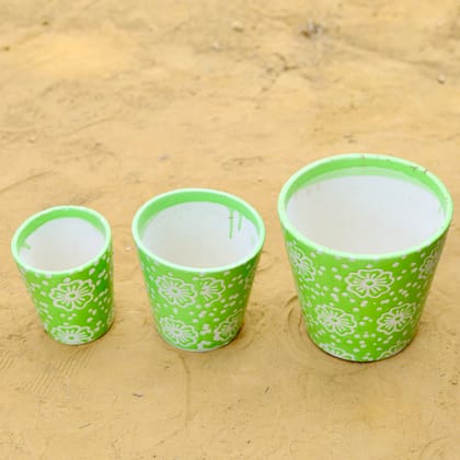 Buy Set of 3 - (5.25, 6 & 7) Inch Green Floral Designer Balti Shaped Ceramic Pot Online | Urvann.com