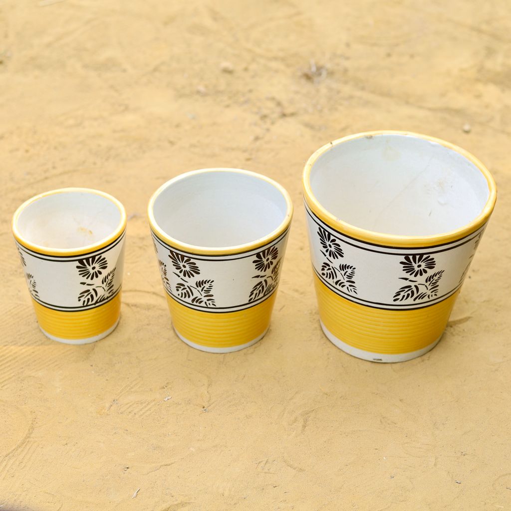 Set of 3 - (5.25, 6 & 7) Inch Yellow Black Flower Designer Balti Shaped Ceramic Pot,Pots:Ceramic Planters:Royal Ceramic Pots