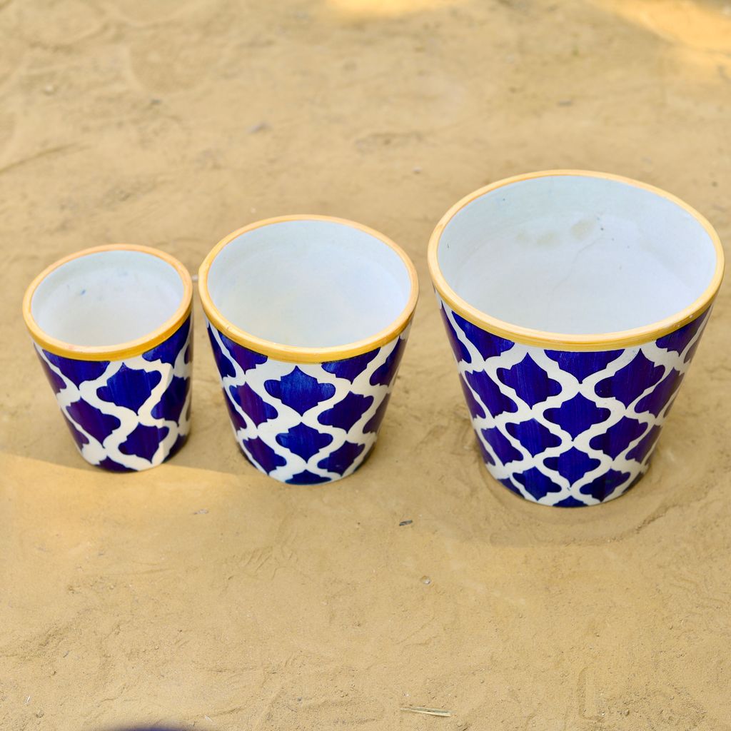 Set of 3 - (5.25, 6 & 7) Inch Blue Moroccan Designer Balti Shaped Ceramic Pot,Pots:Ceramic Planters:Royal Ceramic Pots