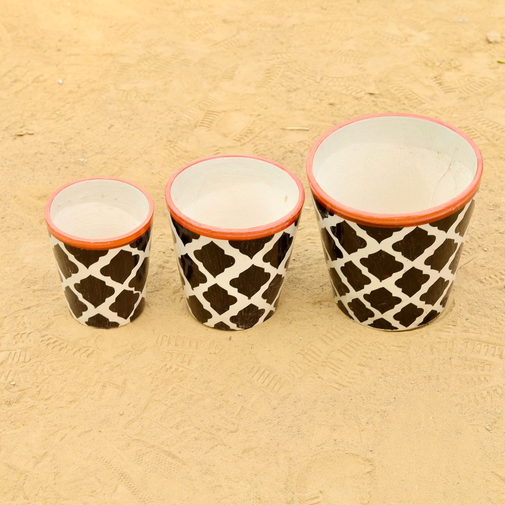 Set of 3 - (5.25, 6 & 7) Inch Black Moroccan Designer Balti Shaped Ceramic Pot