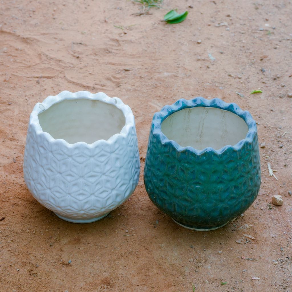 Set Of 2 - 7 Inch Flower Designer Ceramic Pot (Any Design) (Any Colour)